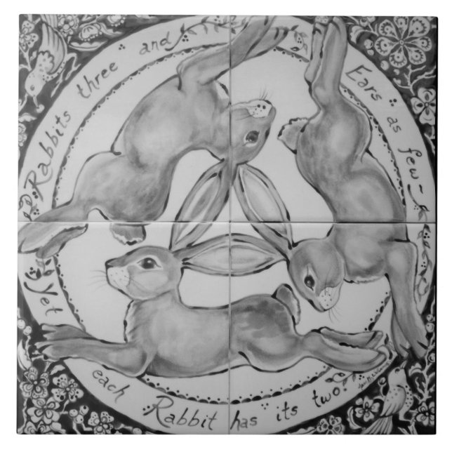 Carreau Lapin gris noir et blanc Trois lièvres Cadeau Oise (Devant)