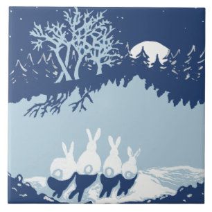 Carreau Lapins de Noël Vintage Etoiles d'hiver Forêt Lune