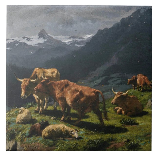 Carreau Le bétail et le mouton dans un paysage alpin (Devant)