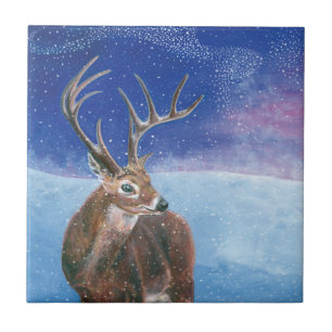 Carreau Le Cerf rouge Cervus elaphus et paysage hivernal