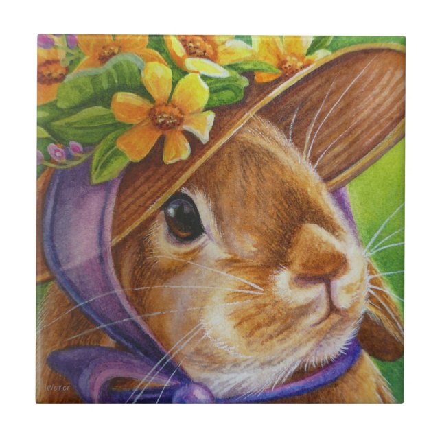 Carreau Le lapin auriculaire Brown dans l'aquarelle Bonnet (Devant)