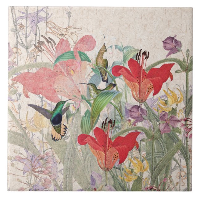 Carreau Le lis rouge Columbine d'oiseaux de colibri (Devant)