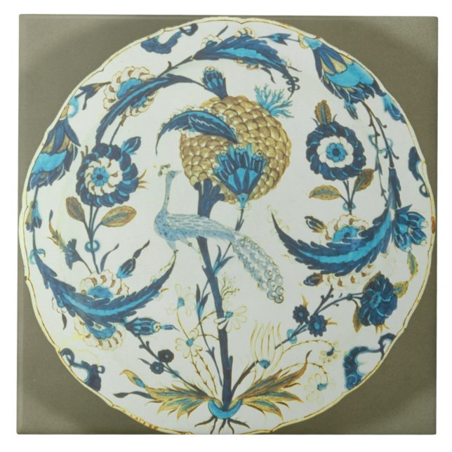 Carreau Le plat d'Iznik peint avec un paon était perché (Devant)