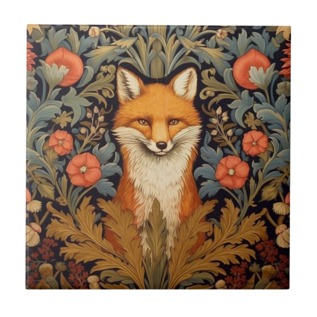 Carreau Le renard et les fleurs rouges style Art nouveau (Devant)