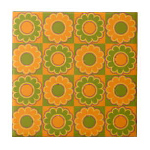 Carreau les années 1970 flower power orange et vert olive