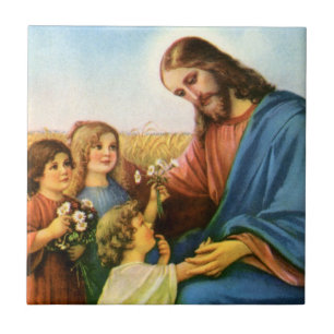 Carreau Les enfants vintages apportent des fleurs à Jésus-