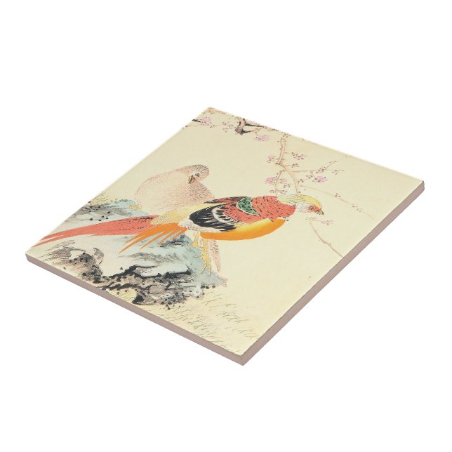 Carreau Les faisans chinois Imao Keinen oiseaux et sakura (Côté)