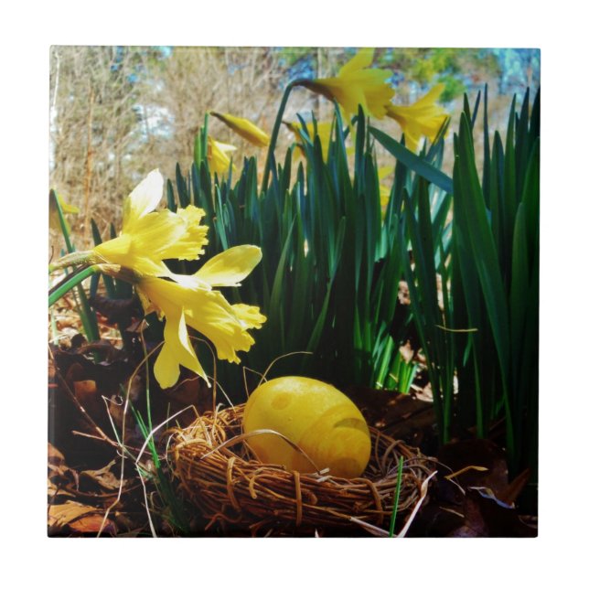 Carreau Les jonquilles jaunes et un oeuf de Pâques jaune (Devant)