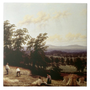 Carreau Les meules de foin s'approchent d'une rivière,