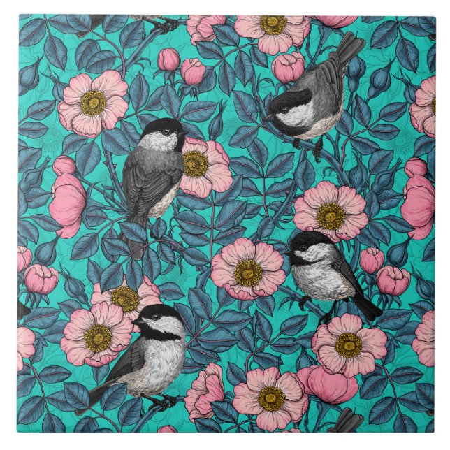 Carreau Les poulets dans la nature rose, rose et bleu (Devant)