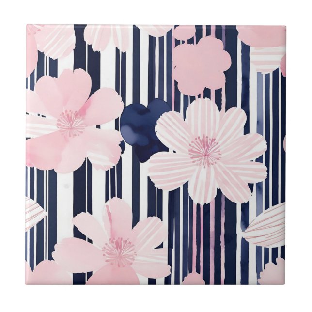 Carreau Les rayures florales modernes rose et marine (Devant)