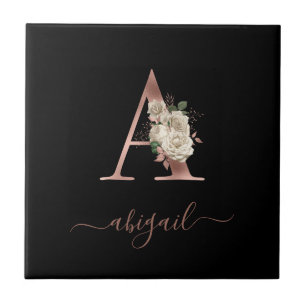 Carreau Lettre « A » monogramme floral ivoire or rose noir