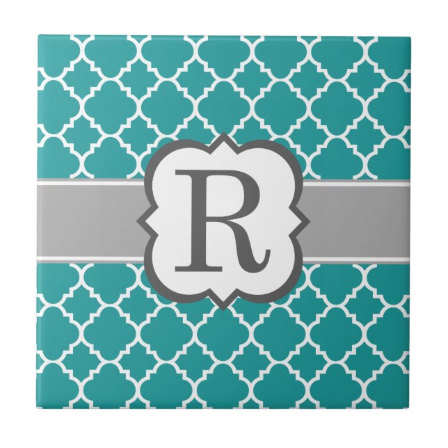 Carreau Lettre bleue turquoise R Quatrefoil de monogramme (Devant)
