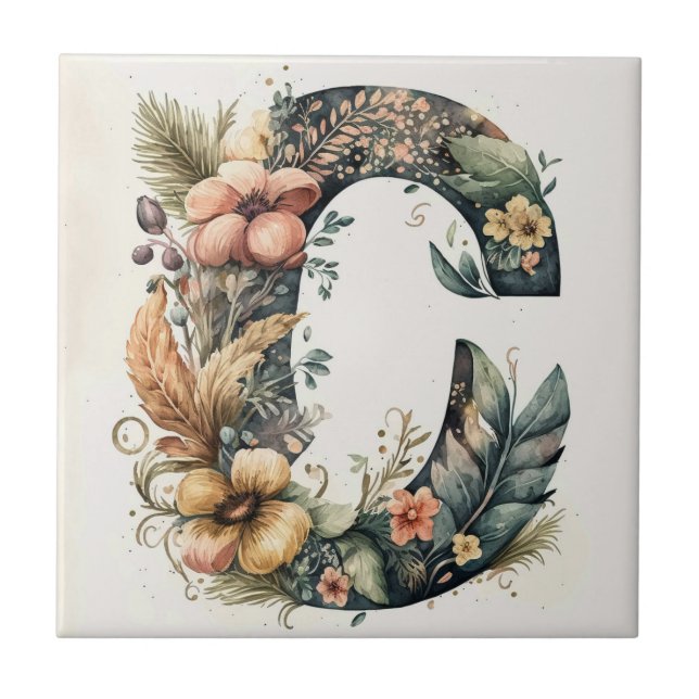 Carreau LETTRE C Florale Décorative Céramique (Devant)