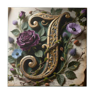 Carreau Lettre J patine dorée florale antique
