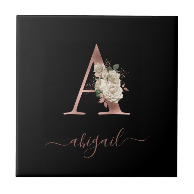 Carreau LETTRE MONOGRAPHIQUE D'OR Rose Floral "A" Noir (Devant)
