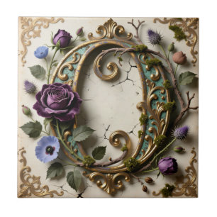 Carreau Lettre O Antique à Patine Dorée Florale