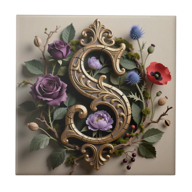 Carreau Lettre S dorée antique florale gothique (Devant)