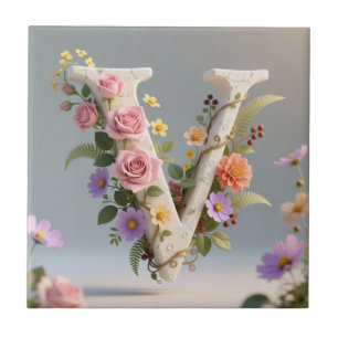 Carreau Lettre V Monogramme Texturé Floral Blanc