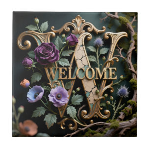 Carreau Lettre W de bienvenue en or floral antique