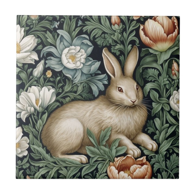 Carreau Lièvre et fleurs dans le jardin de style Art nouve (Devant)