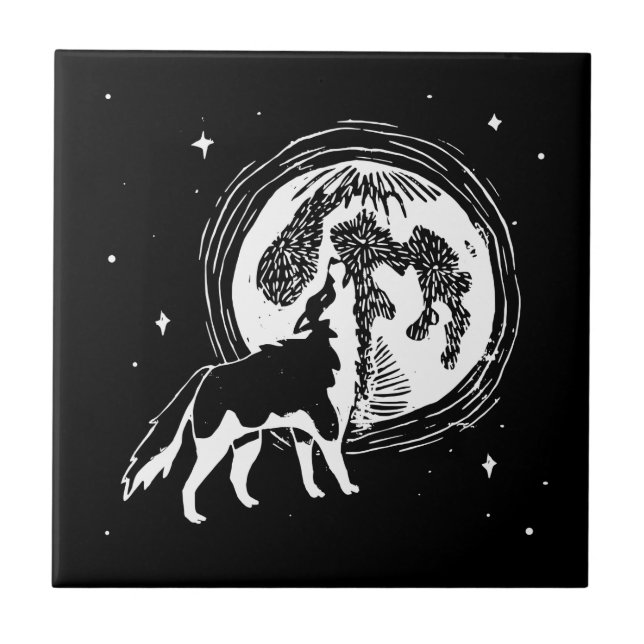 Carreau Linocut de lune Husky Howling noir et blanc (Devant)