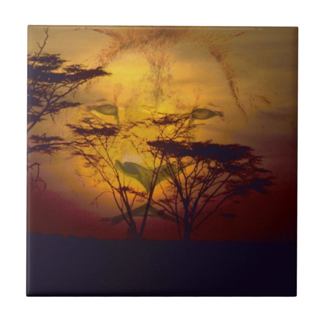 Carreau Lion regardant au-dessus du coucher du soleil (Devant)
