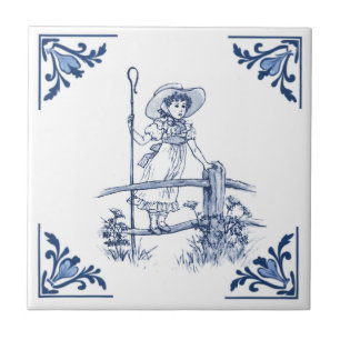 Carreau Little Bo Peep Shepherdess Girl Delft Bleu & Blanc
