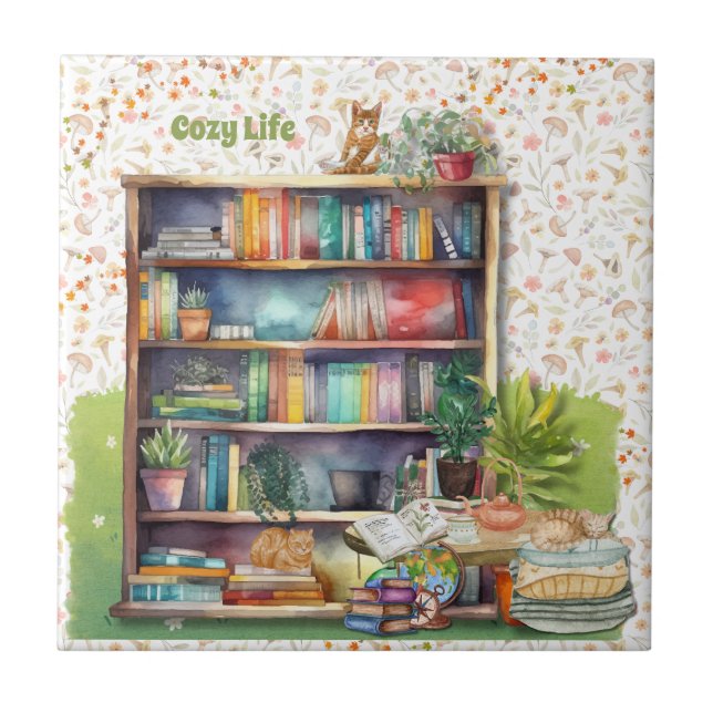 Carreau Livres et Amoureux de les chats Hygge Anniversaire (Devant)