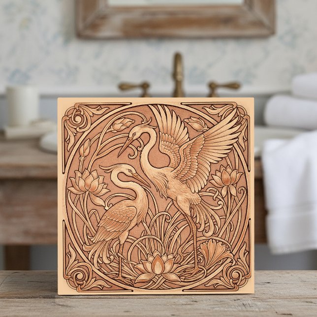 Carreau Lotus & Crane Art Nouveau Pat#8 Terra Cotta ID1193 (Créateur téléchargé)