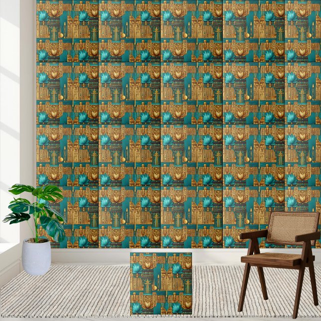 Carreau Lotus et Hiéroglyphes égyptiens antiques Tile Art (Ancient Egyptian Lotus & Hieroglyphs Tile Art)