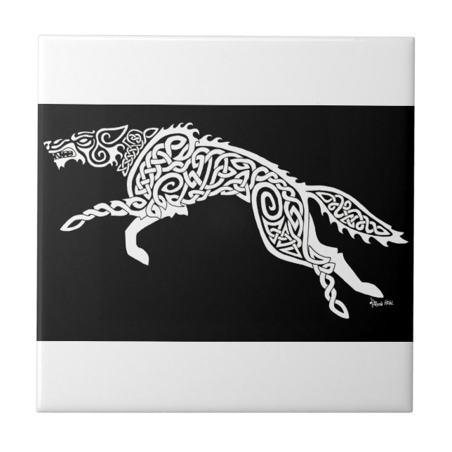 Carreau Loup de Knotwork, blanc sur le noir (Devant)