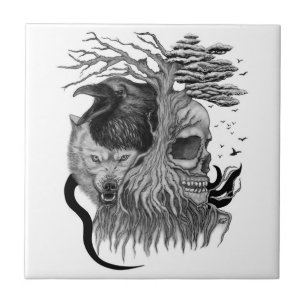 Carreau Loup et corbeau avec crâne