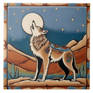 Carreau Loup hurler à la lune style sud-ouest Sud-ouest