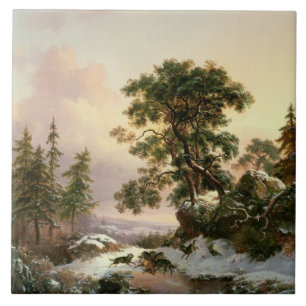 Carreau Loups dans un paysage d'hiver (huile sur le