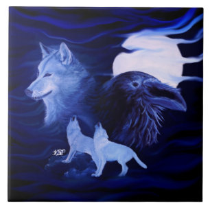 Carreau Loups et corbeau avec pleine lune