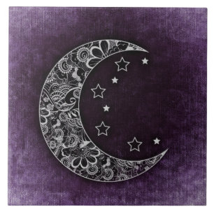 Carreau Lune à croissant floral d'or et étoiles sur violet