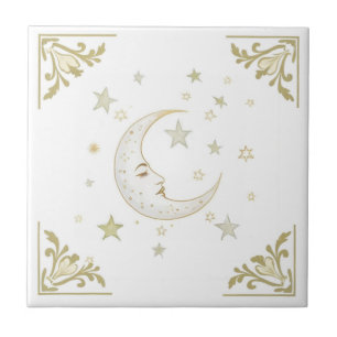 Carreau Lune céleste avec visage et étoiles Delft or blanc
