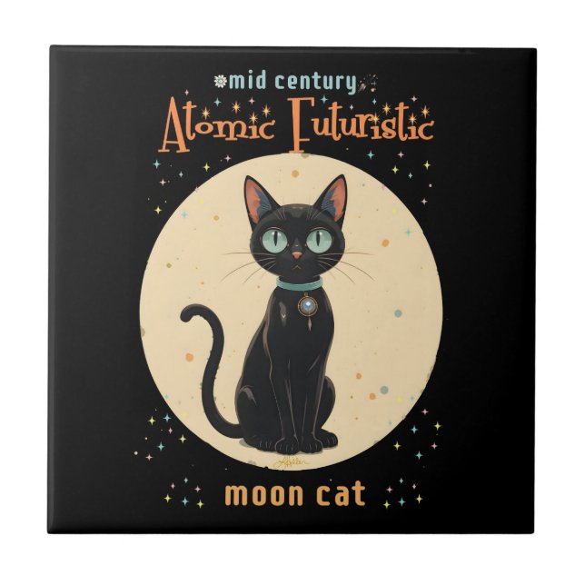 Carreau Lune de chat noir atomique futuriste avec texte (Devant)