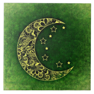 Carreau Lune de croissant floral d'or et étoiles sur vert