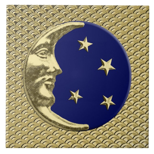 Carreau Lune et étoiles d'art déco - bleu marine et or (Devant)