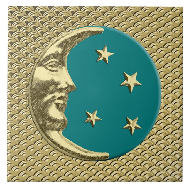 Carreau Lune et étoiles d'art déco - Teal et or (Devant)
