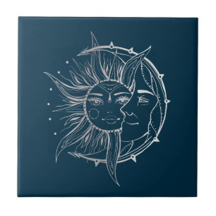 Carreau Lune et soleil. Illustration de tatouage de style 