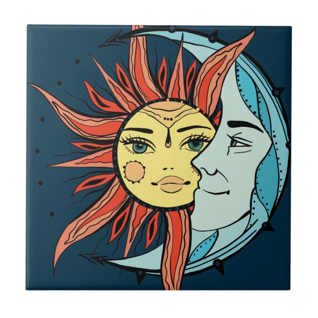 Carreau Lune et soleil. Illustration de tatouage de style  (Devant)