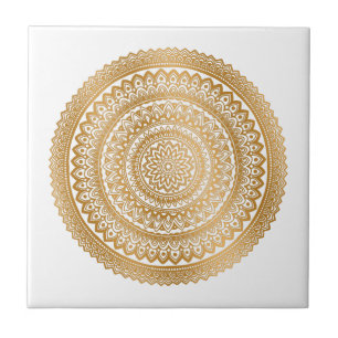 Carreau Luxe Boho Faux Or Mandala Ornament Blanc