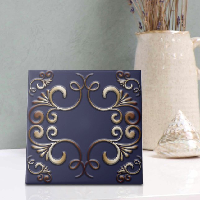 Carreau Luxe Elegant Baroque Gold Ornements sur Deep Blue (Créateur téléchargé)