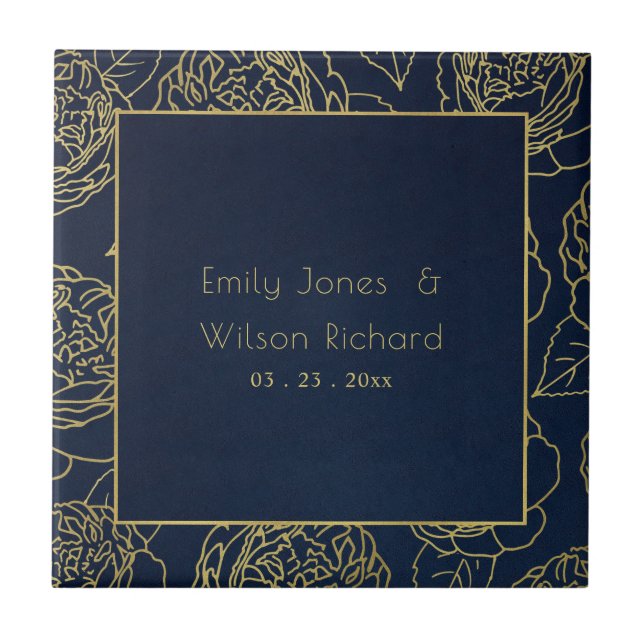 CARREAU LUXE GOLD NAVY ELEGANT ROSE FLORAL SAUVER LA DATE (Devant)