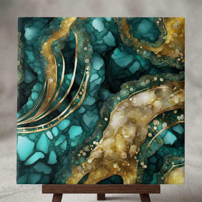 Carreau Luxe Teal Turquoise Liquid Gold Marble Agate Geode (Créateur téléchargé)