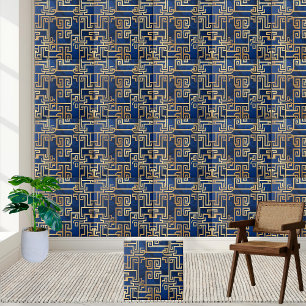 Carreau Luxuriant Gold Greek Key Motif sur Deep Blue