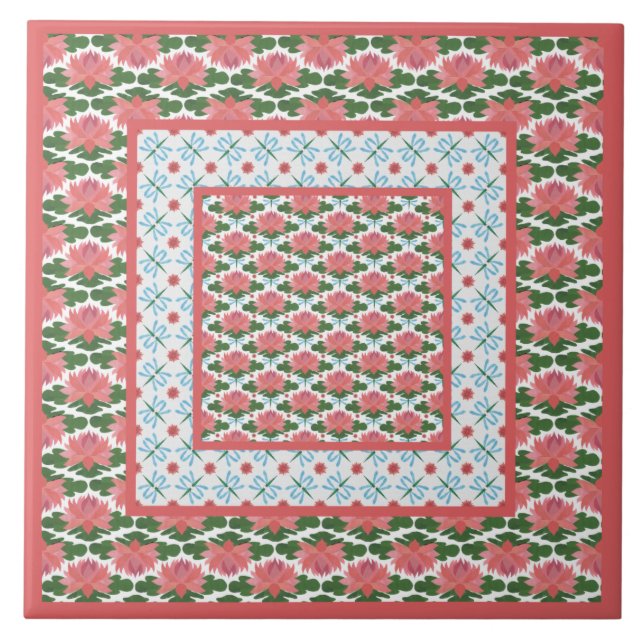 Carreau Lys d'eau rose, libellules bleues : Carrelage en c (Devant)